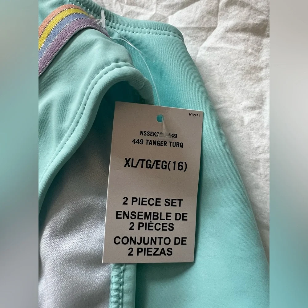 Nautica Girls' Two-piece‎ Swimsuit Set Aqua Blue with Rainbow Striped Straps XL
